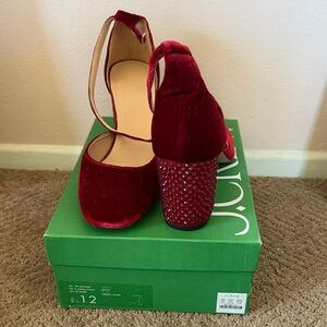 J. Crew Red Velvet Heels with Textured Block Heel